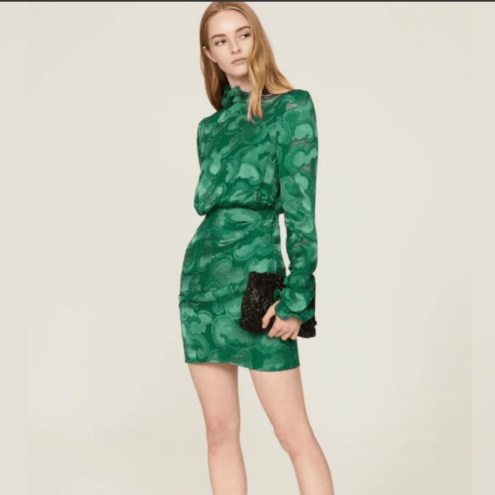 Saloni Rina B Satin Jacquard Mini Green Dress Size 0